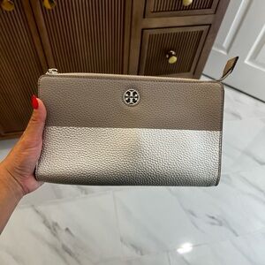 Tory Burch Metallic Silver and Taupe Clutch